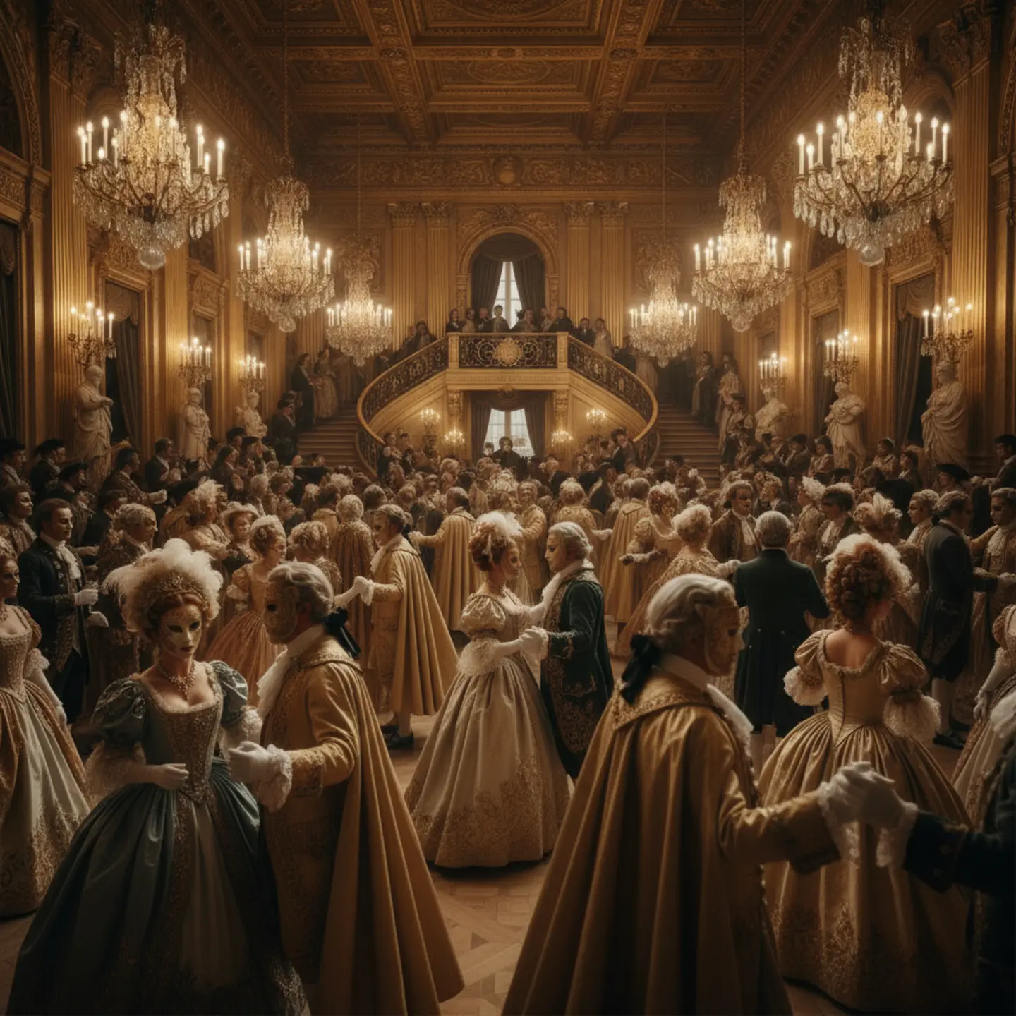 Elegant guests at a high-society masquerade ball